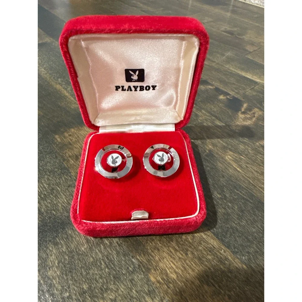 Playboy Vintage 60s Silver Tone Bunny Logo Cufflinks w/ Original Red Velvet Box